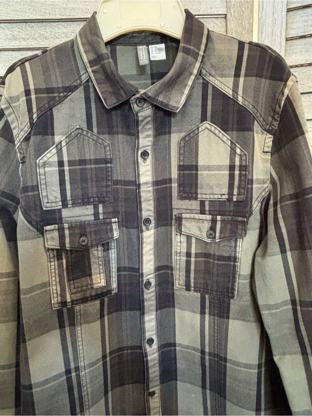 H&M DIVIDED Olive Plaid Western Utility Streetwear 100% Cotton Button-down Shirt - Picture 2 of 16